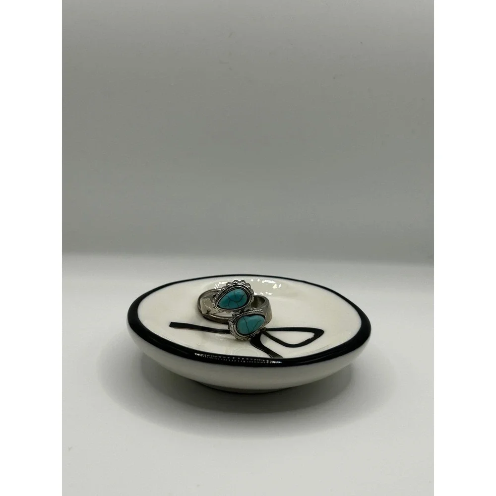 Black Bow Ceramic Trinket Dish Jewelry‎ Ring Tray White Gold